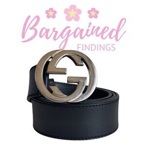 Authentic Gucci Black Leather Silver Interlocking G Buckle Belt Size 85/34